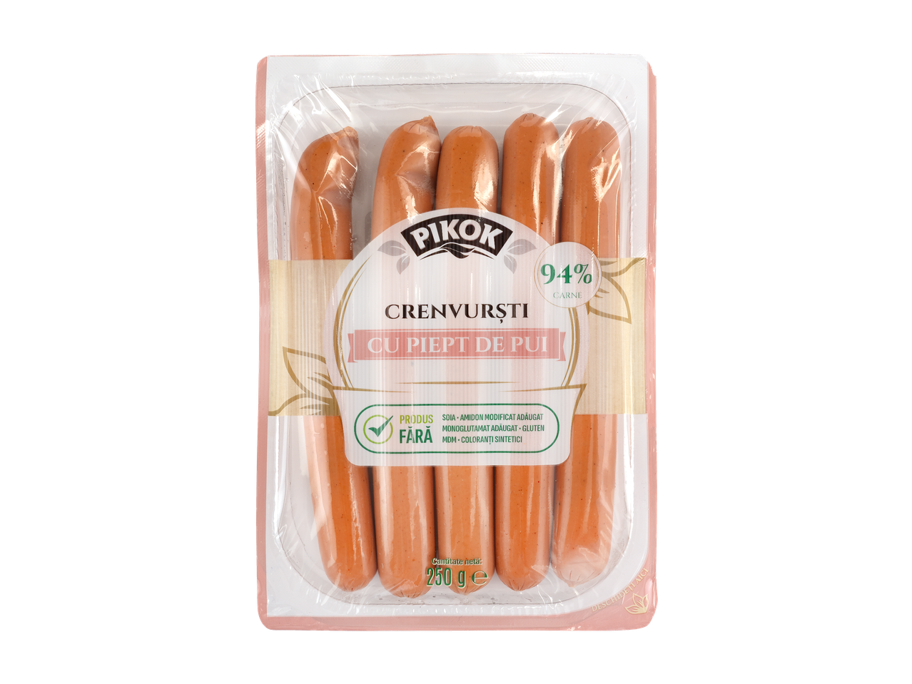 Crenvurşti de pui Pikok ambalaţi.