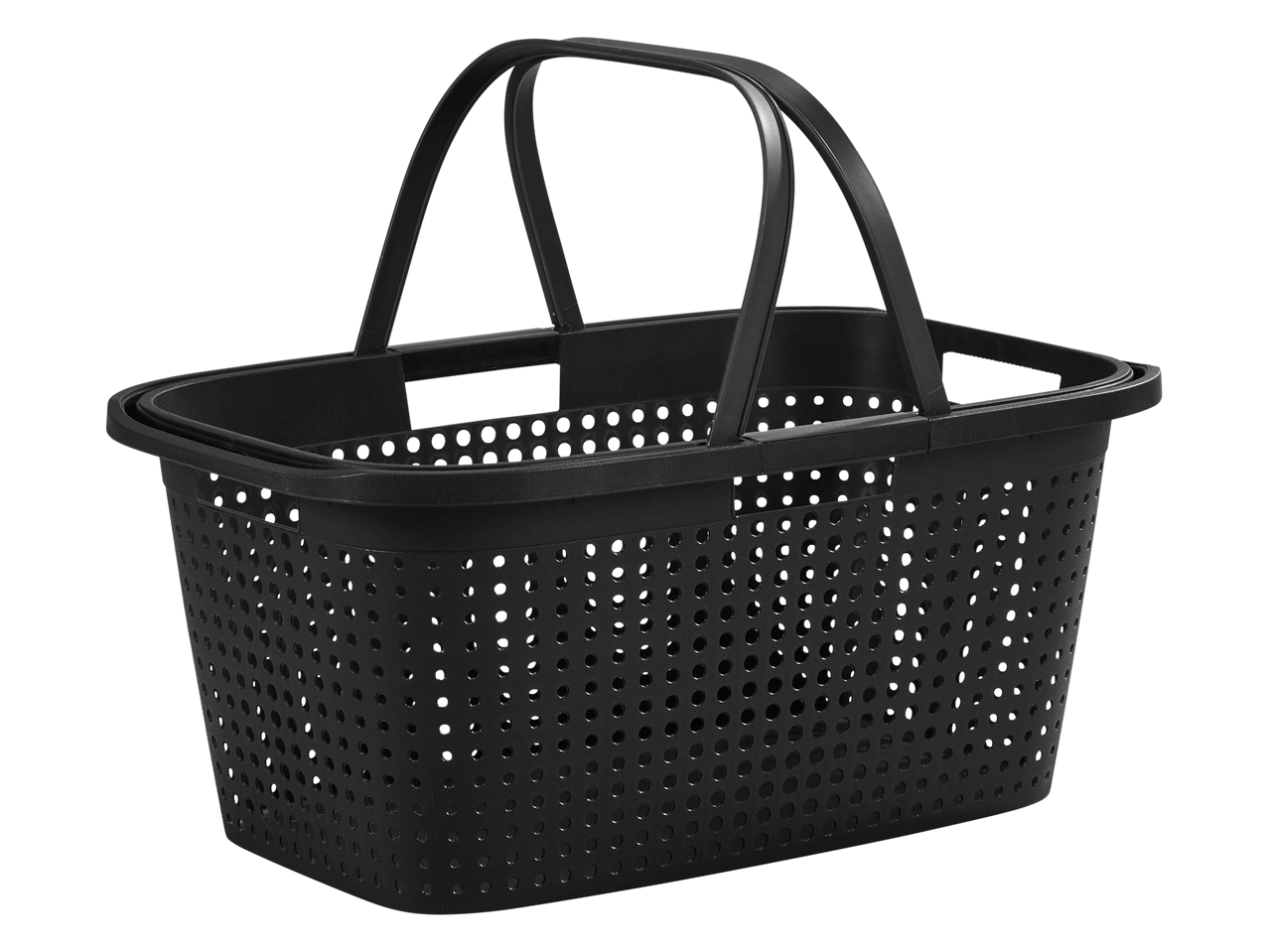 Black plastic shopping basket with handles and perforated sides.