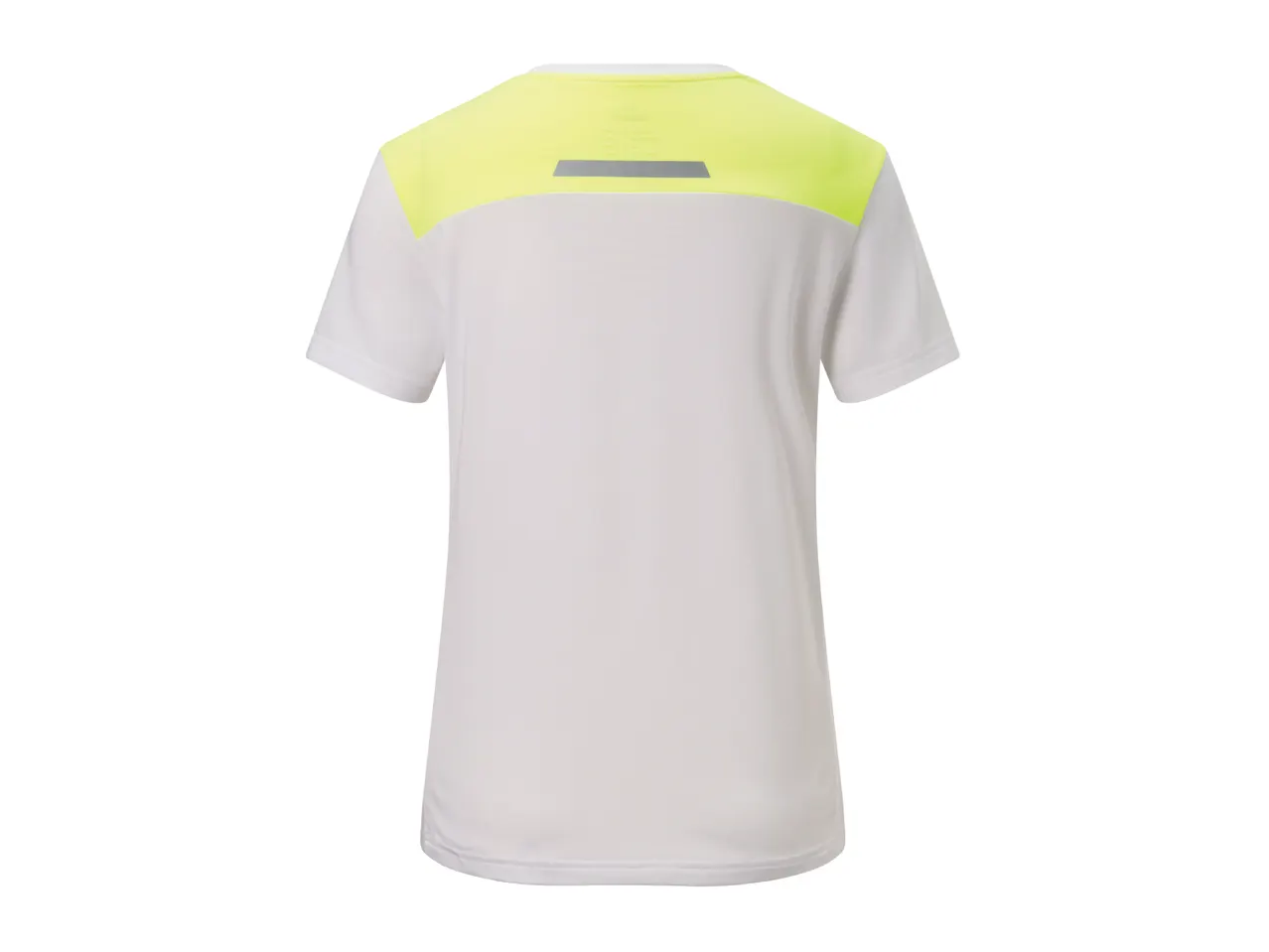 White and neon yellow short-sleeved athletic shirt with a reflective stripe.