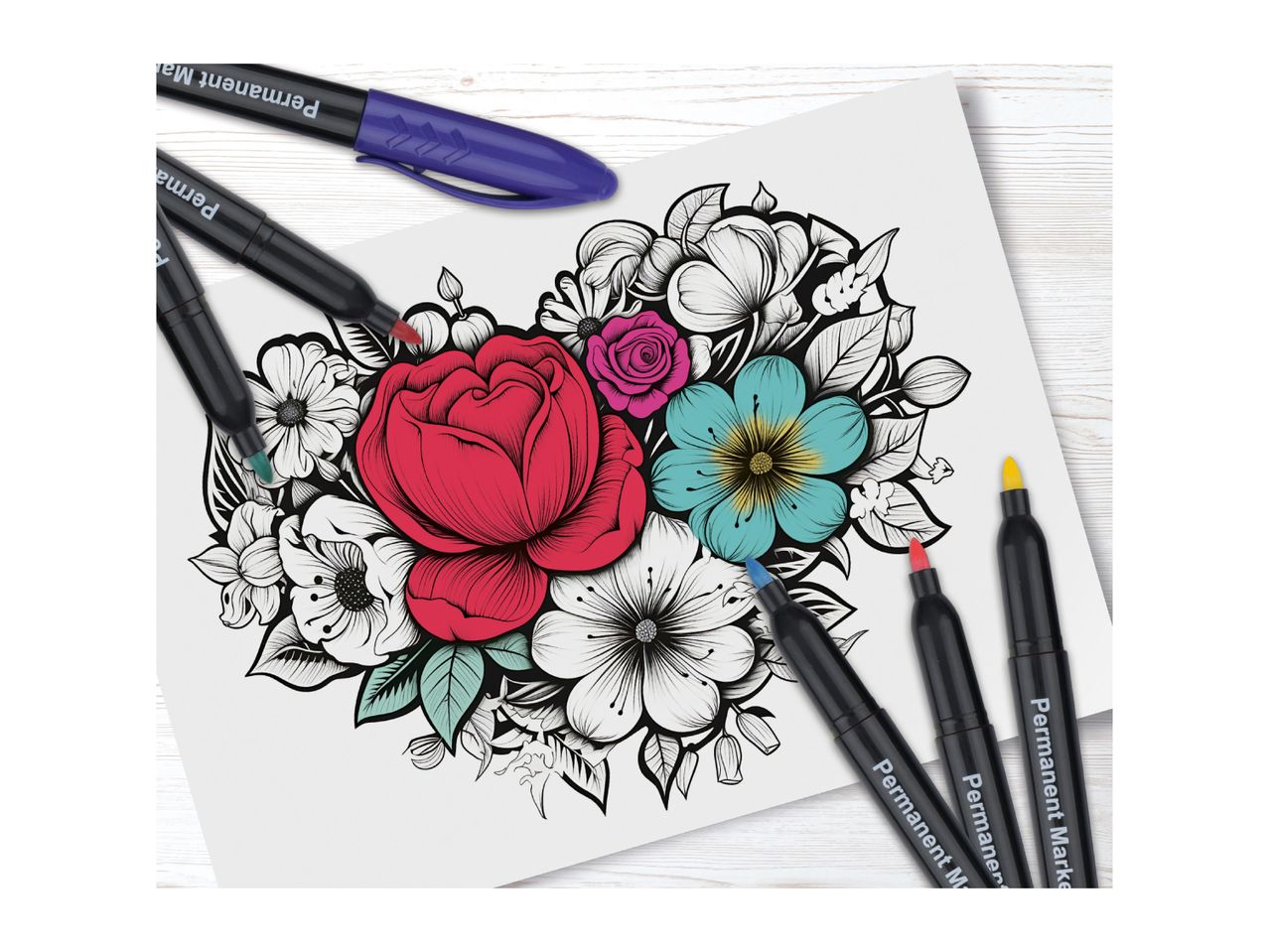 Coloring page with floral design and several permanent markers