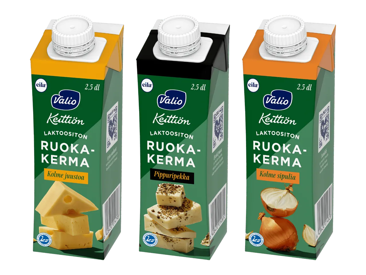 Kolme laktoositonta ruokakermaa: juusto-, pippuri- ja sipulimaku.