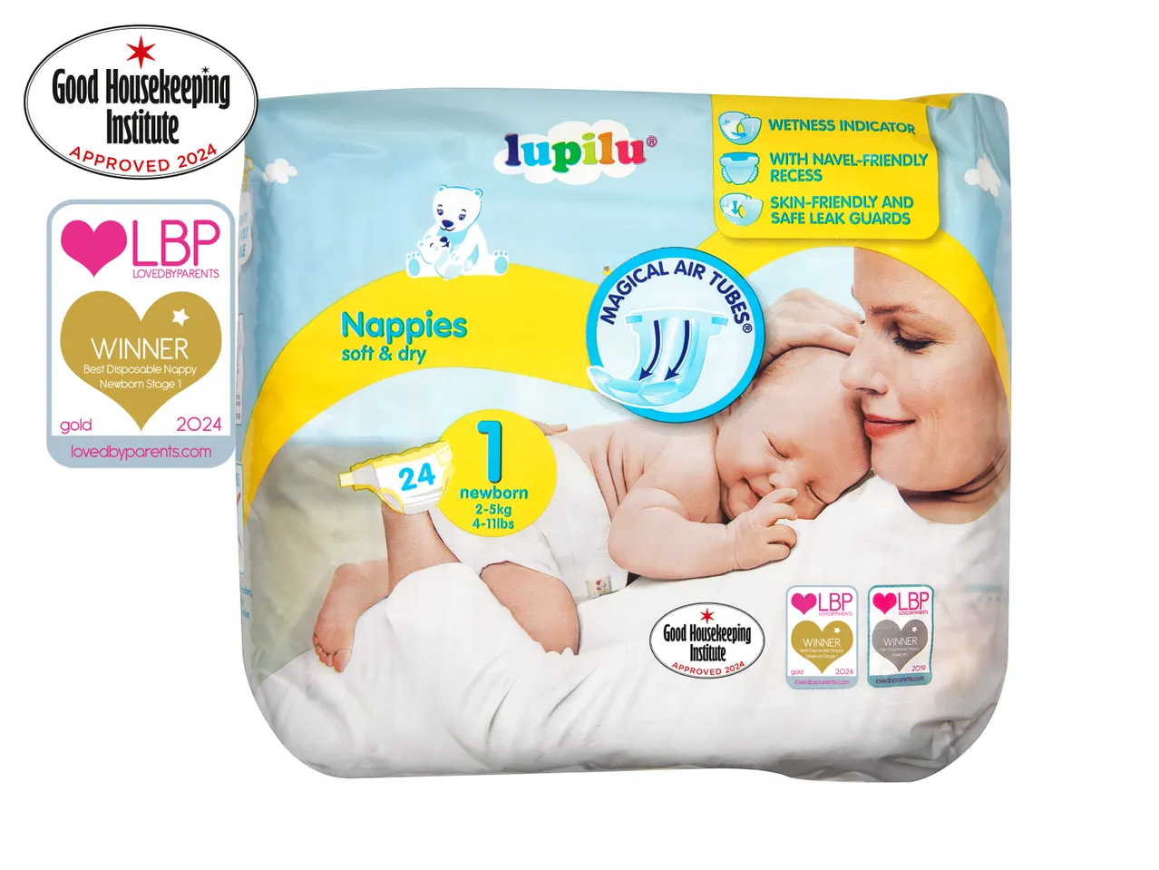 Lupilu newborn nappies, soft & dry, awarded by Good Housekeeping and LovedByParents.