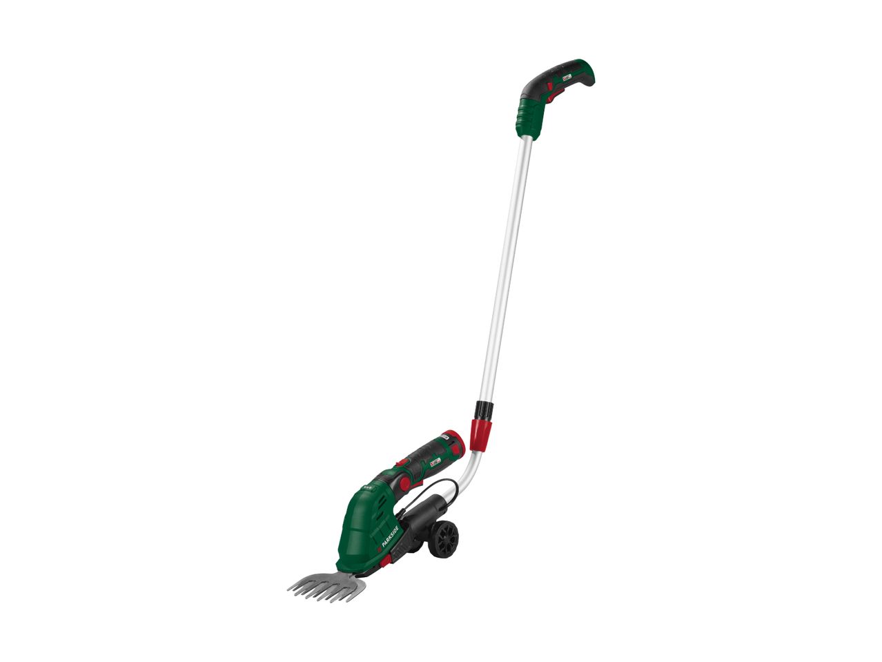Cordless grass and shrub shears with a long handle and wheels for easy maneuvering.