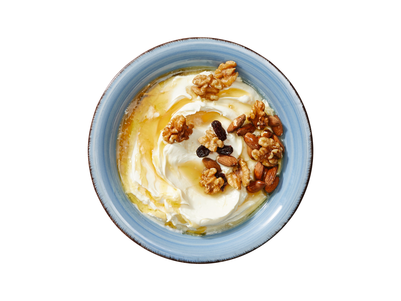 Griekse yoghurt, noten en honing in een blauwe schaal.