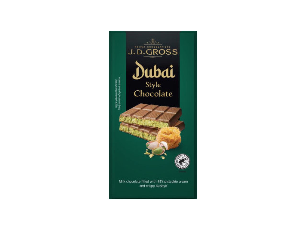 J.D. Gross Dubai Style čokolada sa kremom od pistaća i hrskavim kadaifom.
