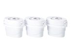Three white water filter cartridges arranged in a row on a white background.