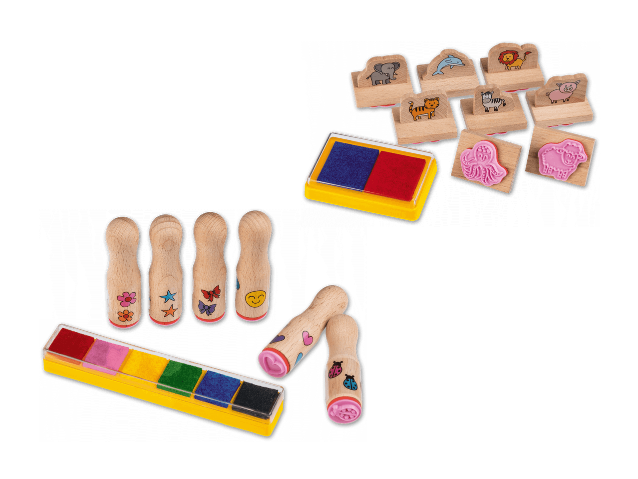 Zwei Sets von Holzstempeln mit Tier- und Blumenmotiven und farbigen Stempelkissen.