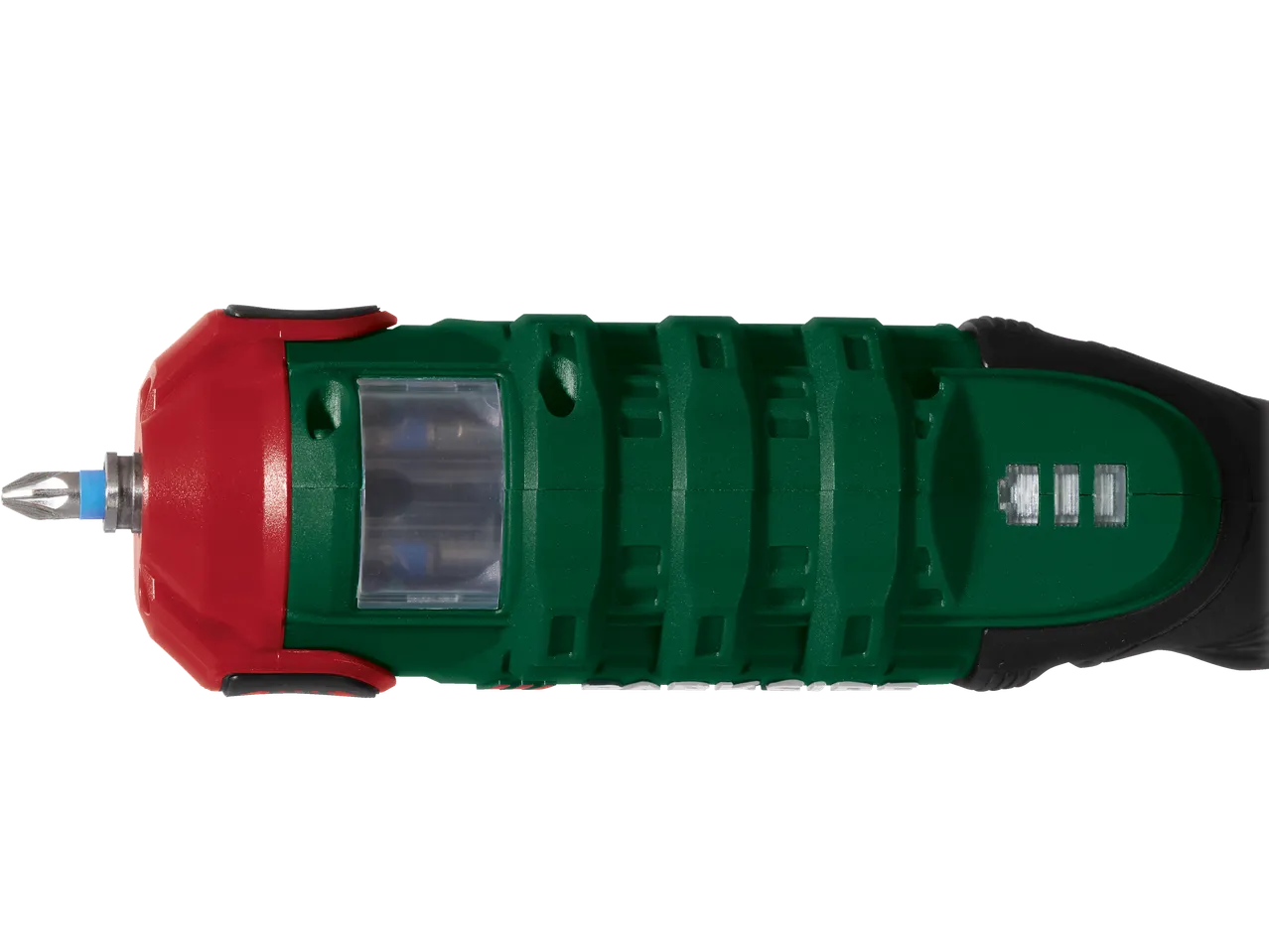 Chave de fenda elétrica Parkside® em vermelho e verde, com indicador de bateria.