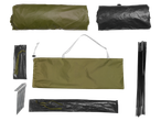 Camping tent: green tarp, black poles, pegs and bag.