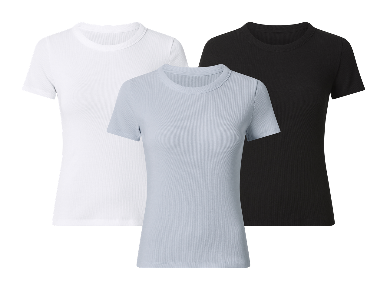 Tri rebraste ženske majice kratkih rukava u bijeloj, svijetlo plavoj i crnoj boji.