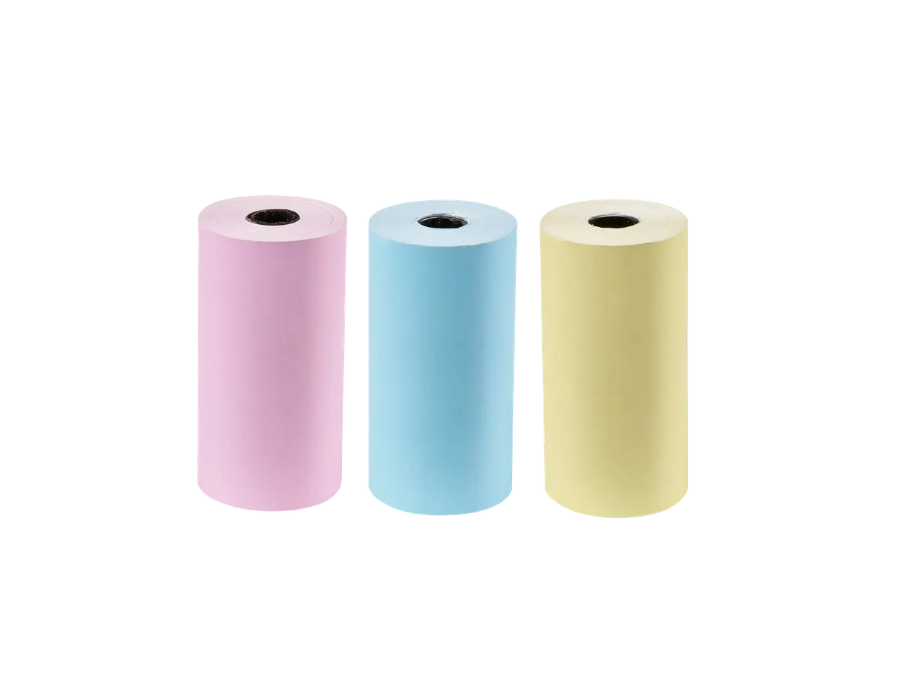 Três rolos de papel térmico colorido (rosa, azul, amarelo) para mini impressora de bolso TRONIC.