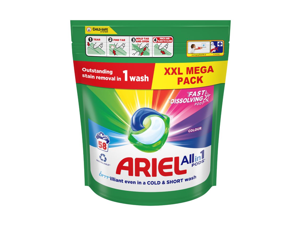 Green and yellow pouch of 58 laundry detergent pods for colour clothes, with child-safe opening instructions.