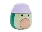 Avocado plush toy wearing a purple hat.
