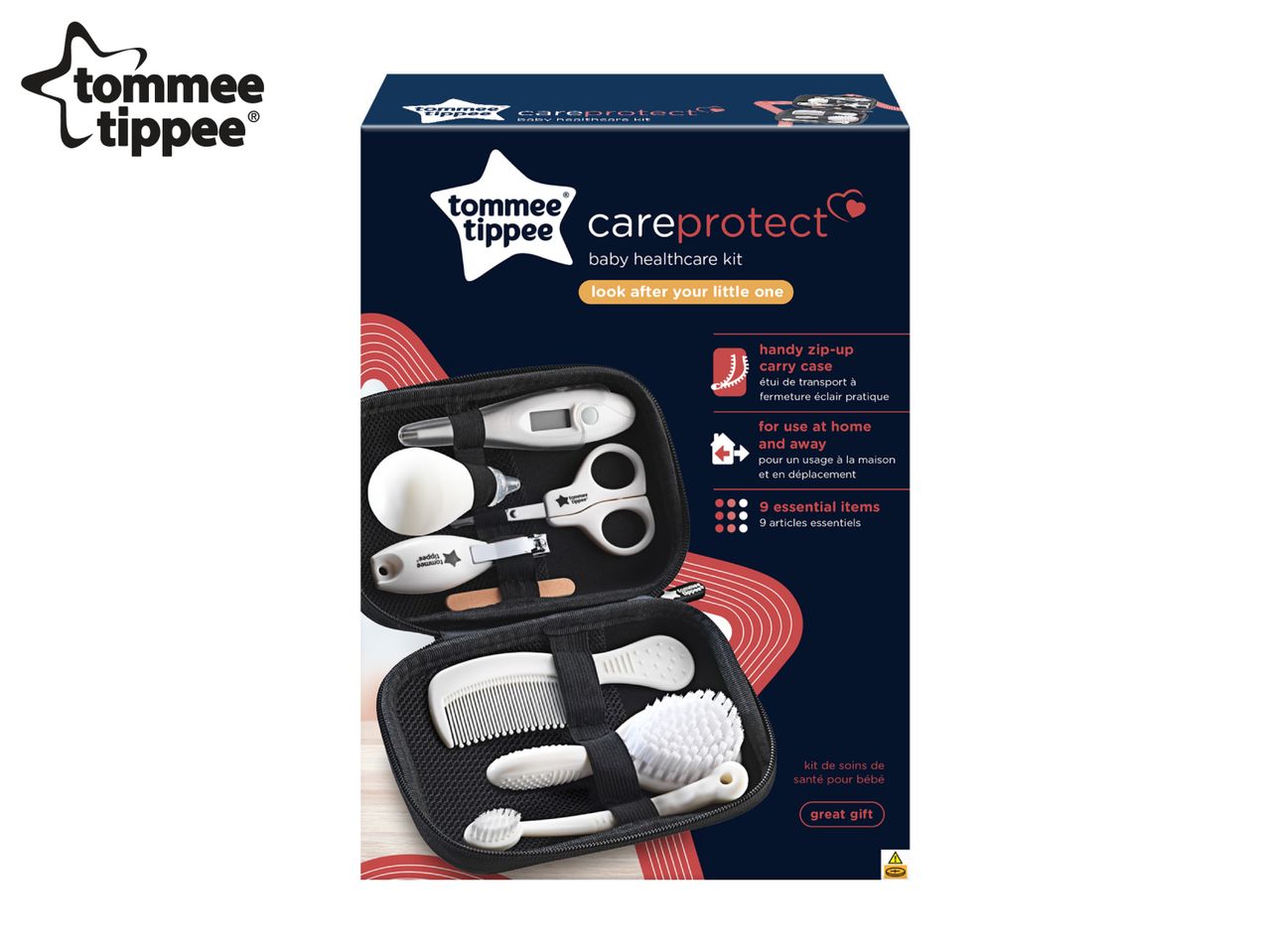 Tommee Tippee Careprotect baby healthcare kit with 9 essential items in a zip-up case.