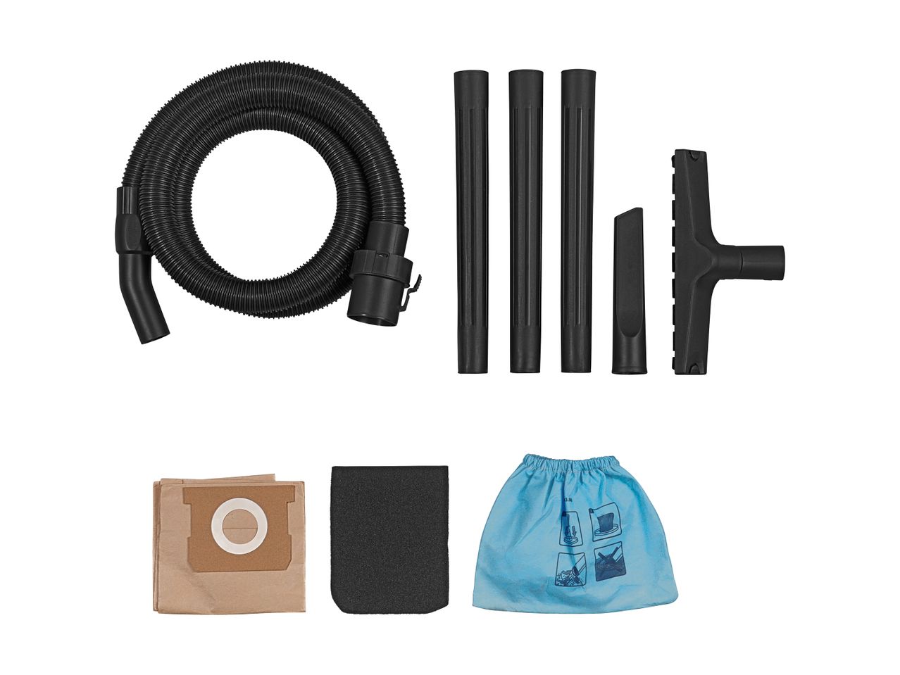 Vacuum cleaner accessories including a hose, extension wands, nozzles, dust bags, and a filter.