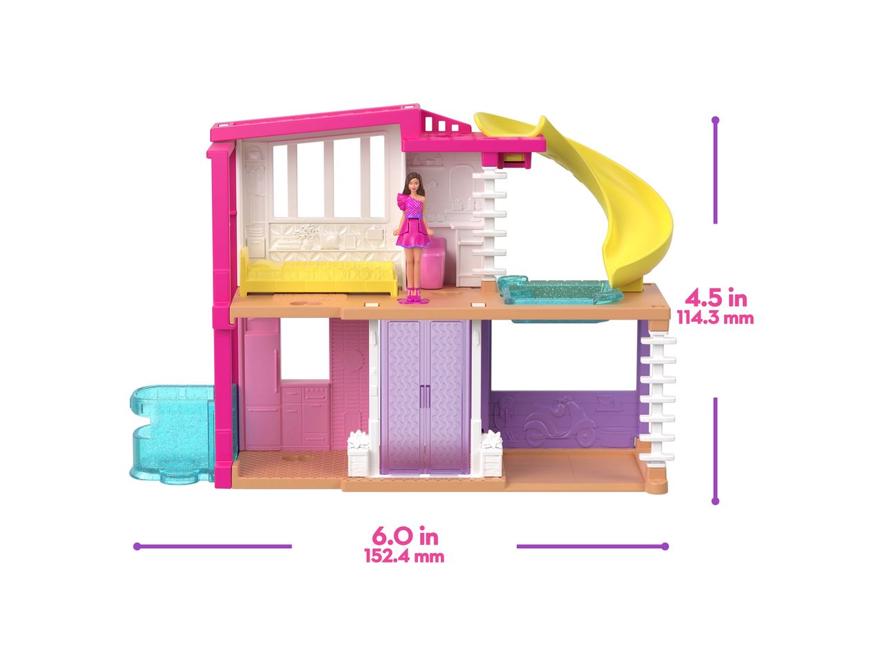Maison de poupée rose et jaune avec toboggan, environ 40cm de haut et 20cm de large.