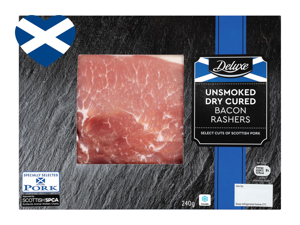 Deluxe unsmoked dry cured Scottish bacon rashers.