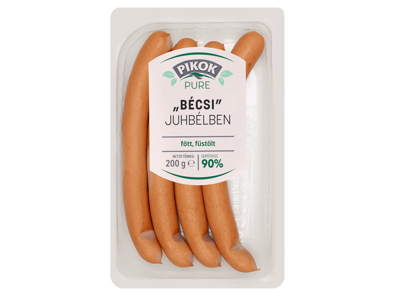 Bécsi virsli juhbélben, főtt, füstölt, 200 g-os kiszerelésben.