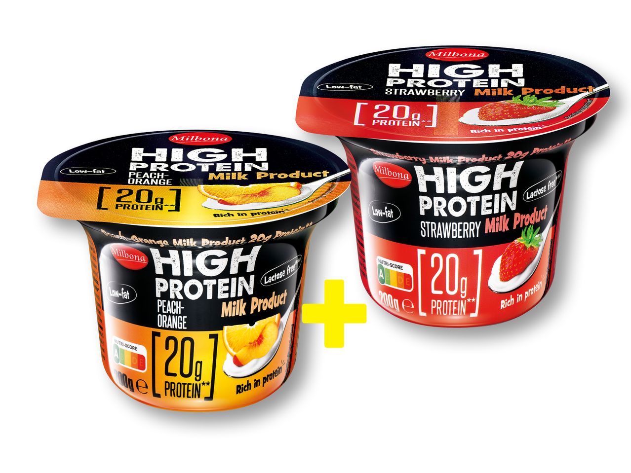 Две купички с високопротеиново кисело мляко Müller High Protein, с вкус на праскова и ягода.