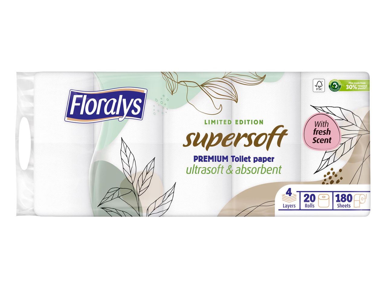 Floralys Supersoft prémium illatosított WC-papír, 4 rétegű, 20 tekercses, 180 lapos kiszerelésben.