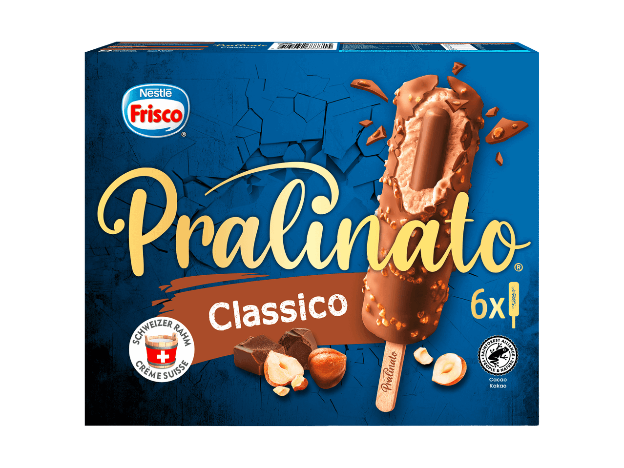 Boîte de glaces Pralinato Classico, 6 bâtonnets, avec crème suisse et cacao.