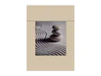 A shower curtain featuring a zen garden design with stacked stones and raked sand.