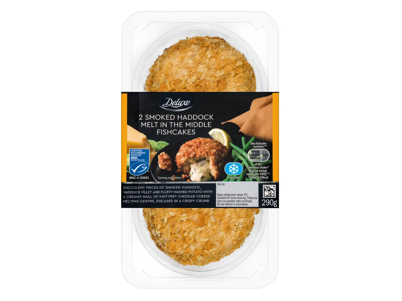 Two Deluxe smoked haddock fishcakes with cheddar cheese.