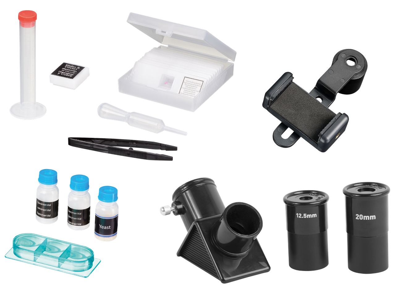 Комплект за микроскоп с предметни стъкла, пинсети, епруветки и окуляри.