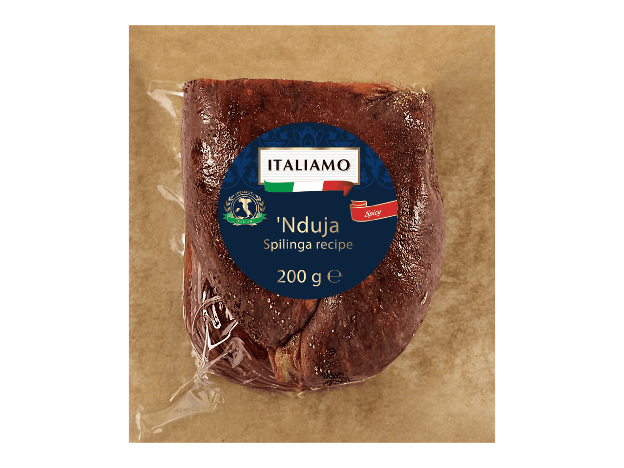 Tyhjiöpakattu, mausteinen, levitettävä italialainen makkara ruskealla taustalla.