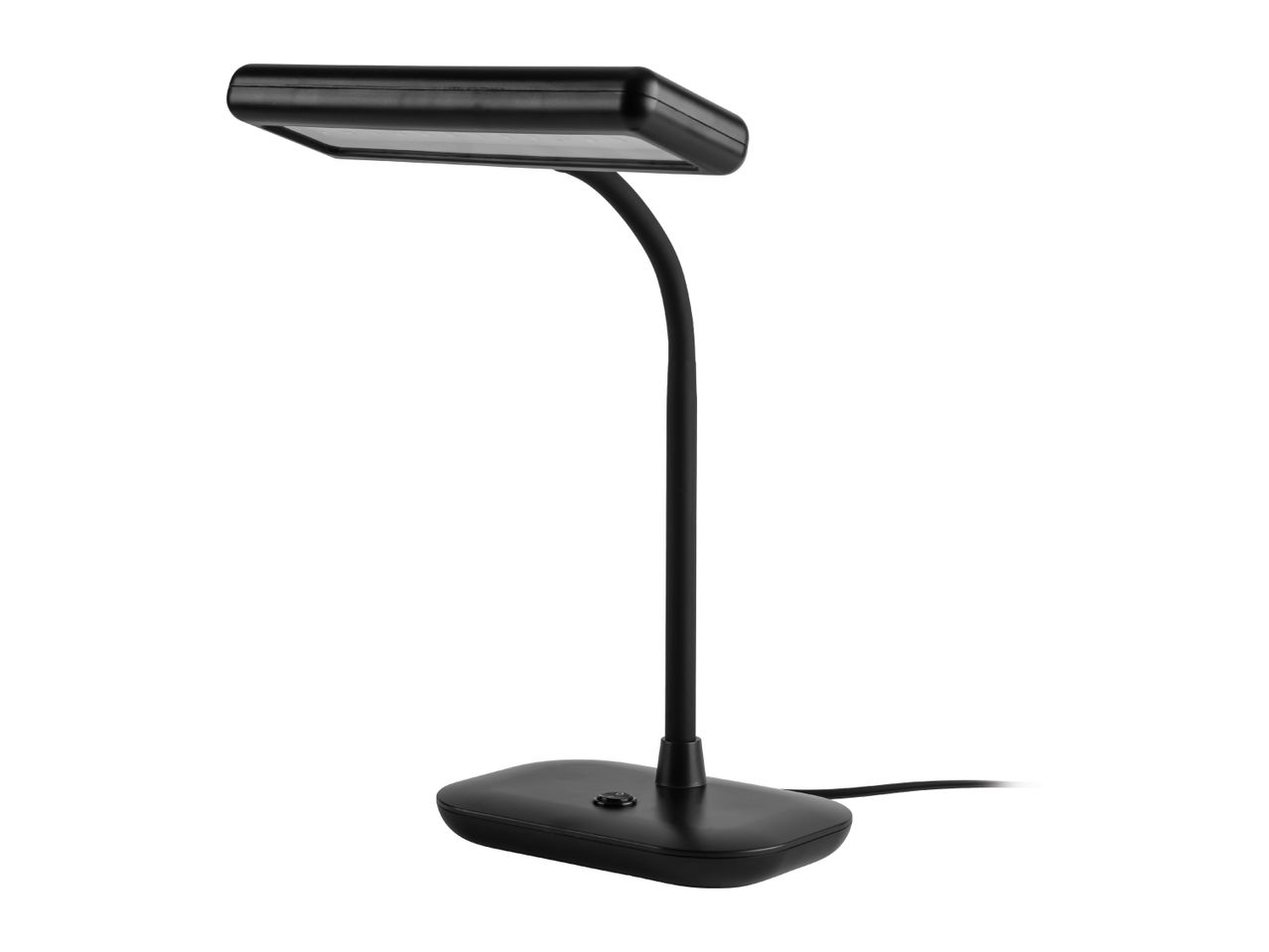 Black desk lamp with a rectangular head and flexible neck.