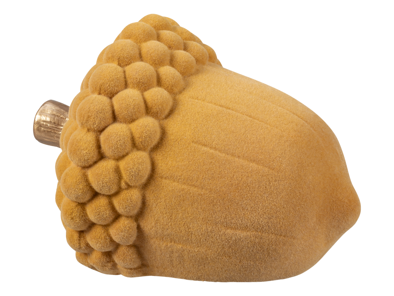 A decorative acorn with a textured cap and smooth body