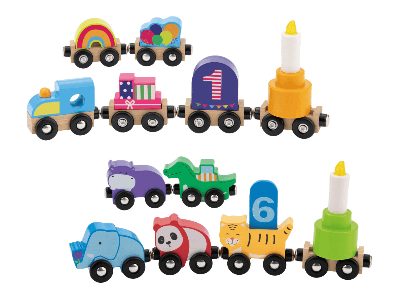 Värikkäät puiset junavaunut, joissa on syntymäpäiväteema ja eläinhahmoja.