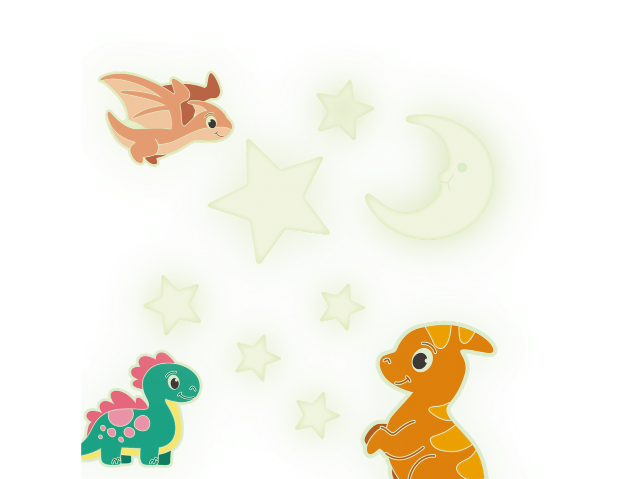 Três dinossauros fofos voam entre estrelas e lua.