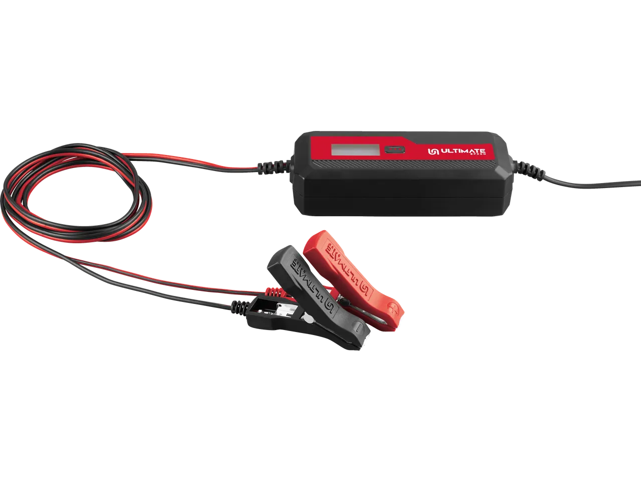 ULTIMATE SPEED® Car & Motorcycle Battery Charger with red and black clamps