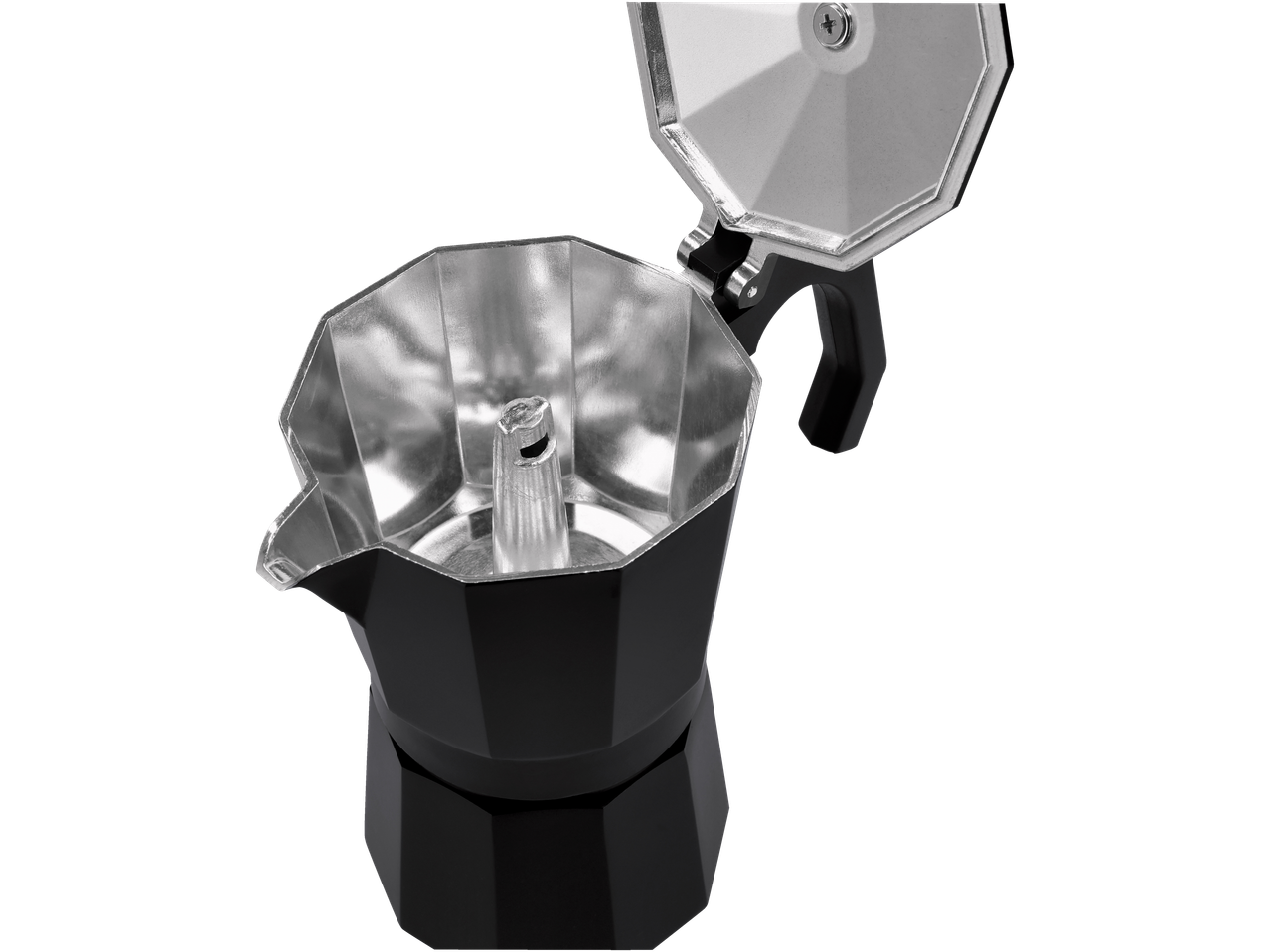 Avatud must SILVERCREST espressokohvimasin hõbedase sisemusega.