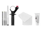 Rotary hammer accessory set with drill bits, depth stop, auxiliary handle, cloth, and grease