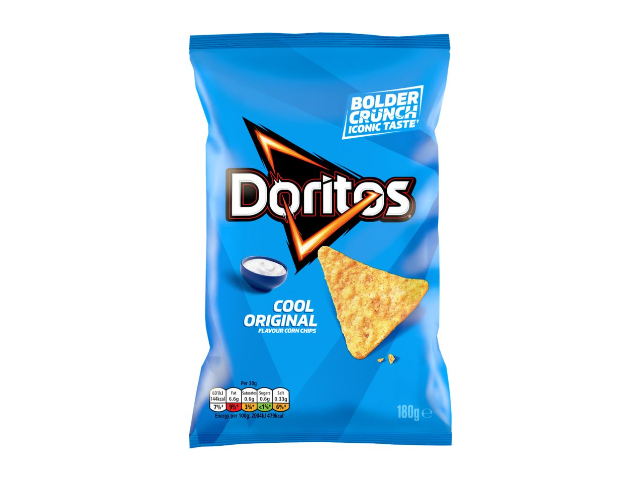 Blue bag of corn chips with a single chip and a bowl of dip, featuring nutritional information.