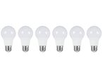Six white LED light bulbs with screw bases in a row.