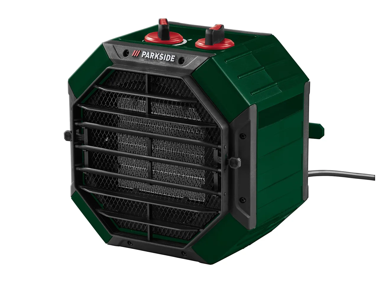 Parkside elektromos fűtőtest zöld színben, fekete ráccsal és piros vezérlőgombokkal