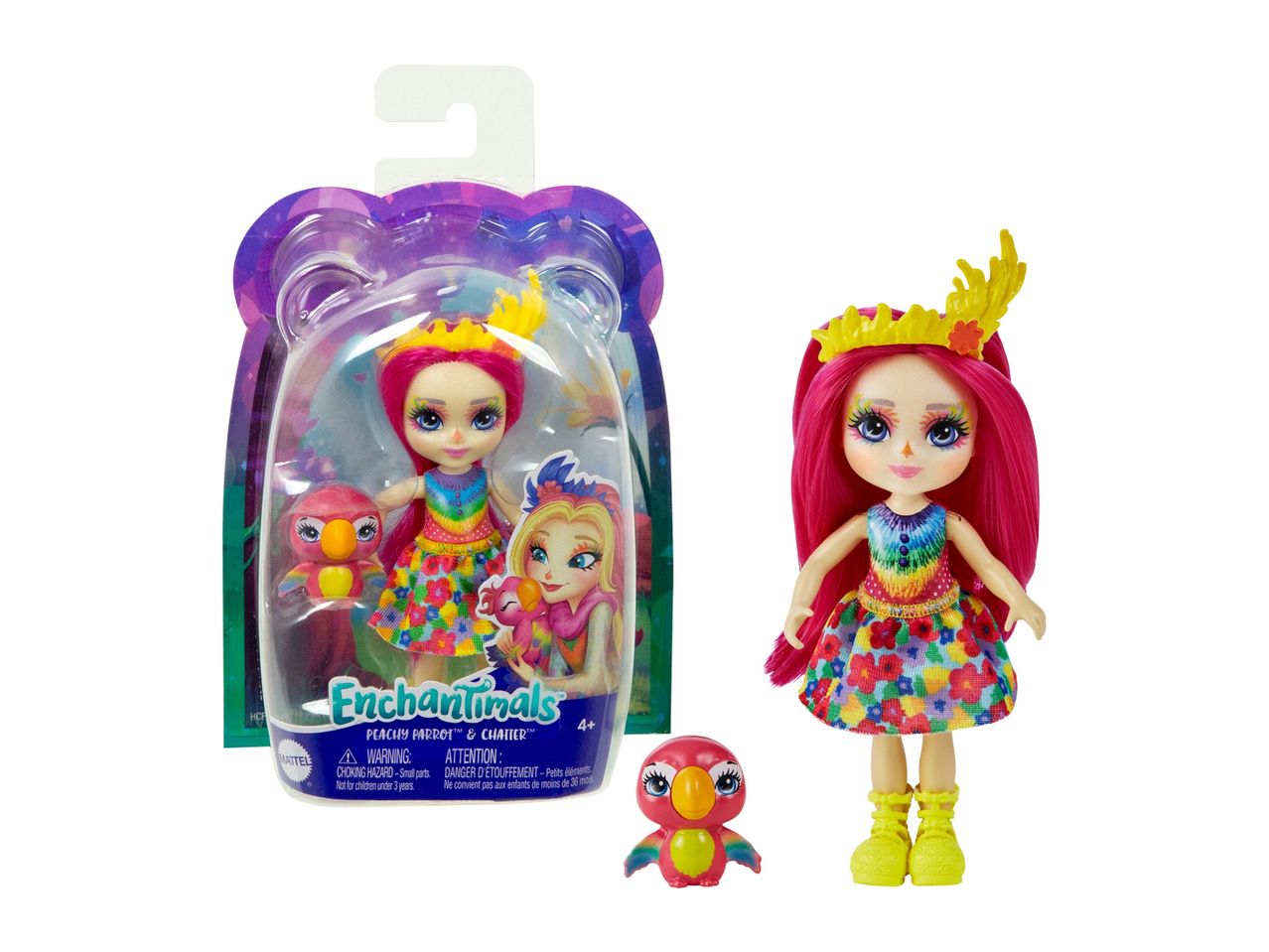 A small Rainbow High doll with a colorful outfit and matching pet in its packaging.
