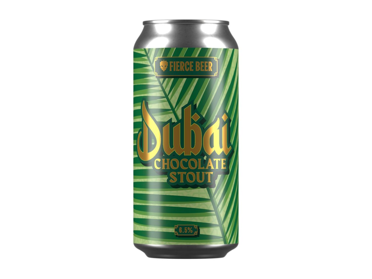 A can of Dubai Chocolate Stout beer with a green palm leaf design.