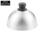 Stainless steel burger cloche with a black handle, featuring the text 'GRILL MEISTER'.
