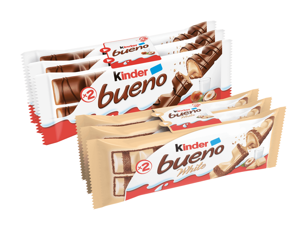 Mehrere Packungen Schokoriegel, darunter Milchschokolade und weiße Schokolade, mit dem Schriftzug „bueno“.