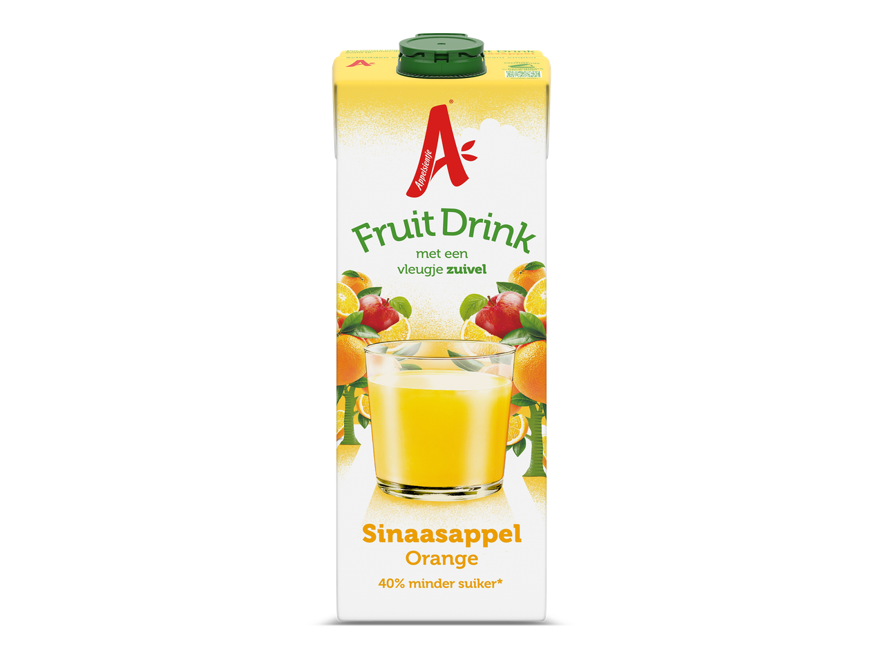 Fruitdrank met sinaasappel en 40% minder suiker in een kartonnen verpakking.