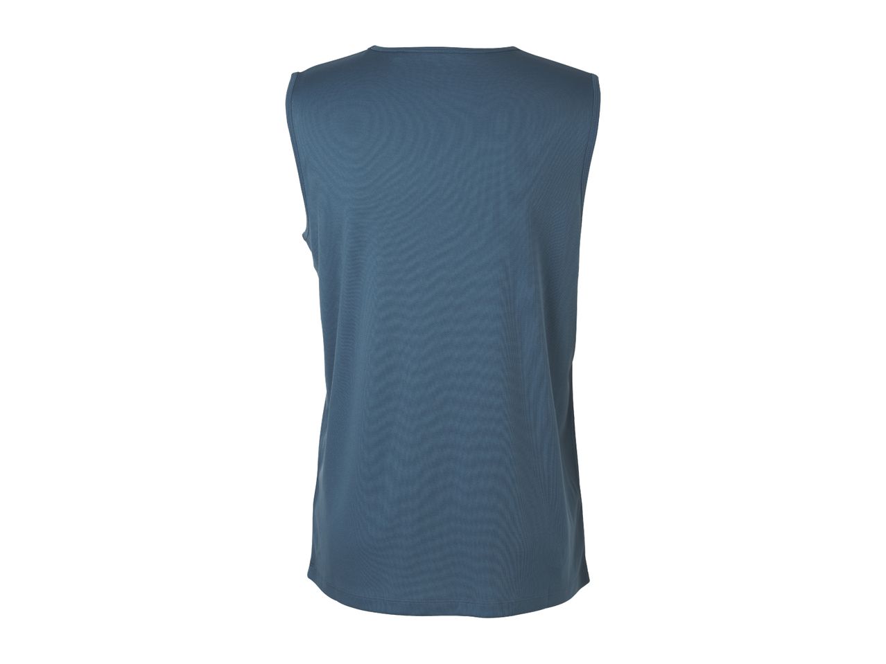 Back view of a men's sleeveless top in a dark blue color