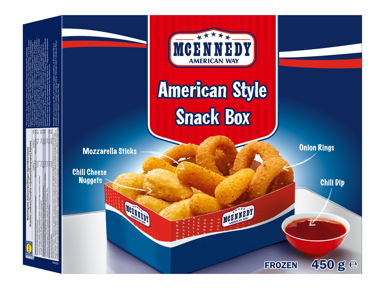 McKennedy amerikietiško stiliaus užkandžių dėžutė: mocarelos lazdelės, čili sūrio kąsneliai, svogūnų žiedai ir čili padažas.