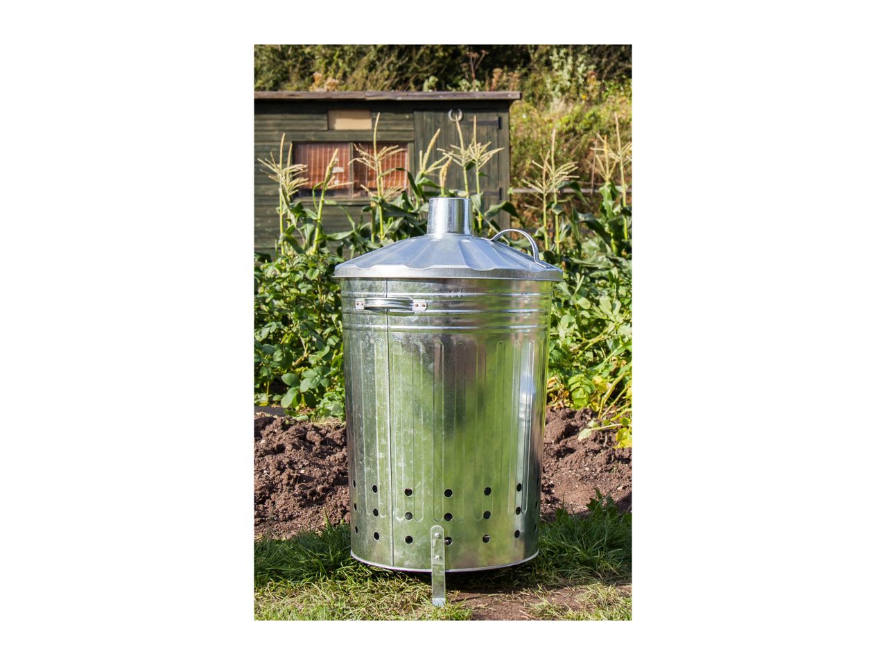 A galvanized steel compost bin sits in a garden amongst growing plants.