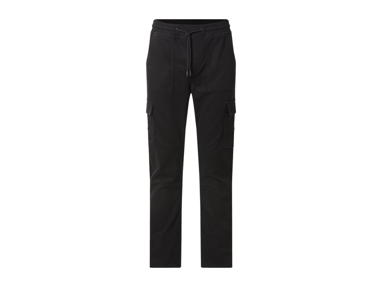 Men's black cargo trousers with an elasticated drawstring waist