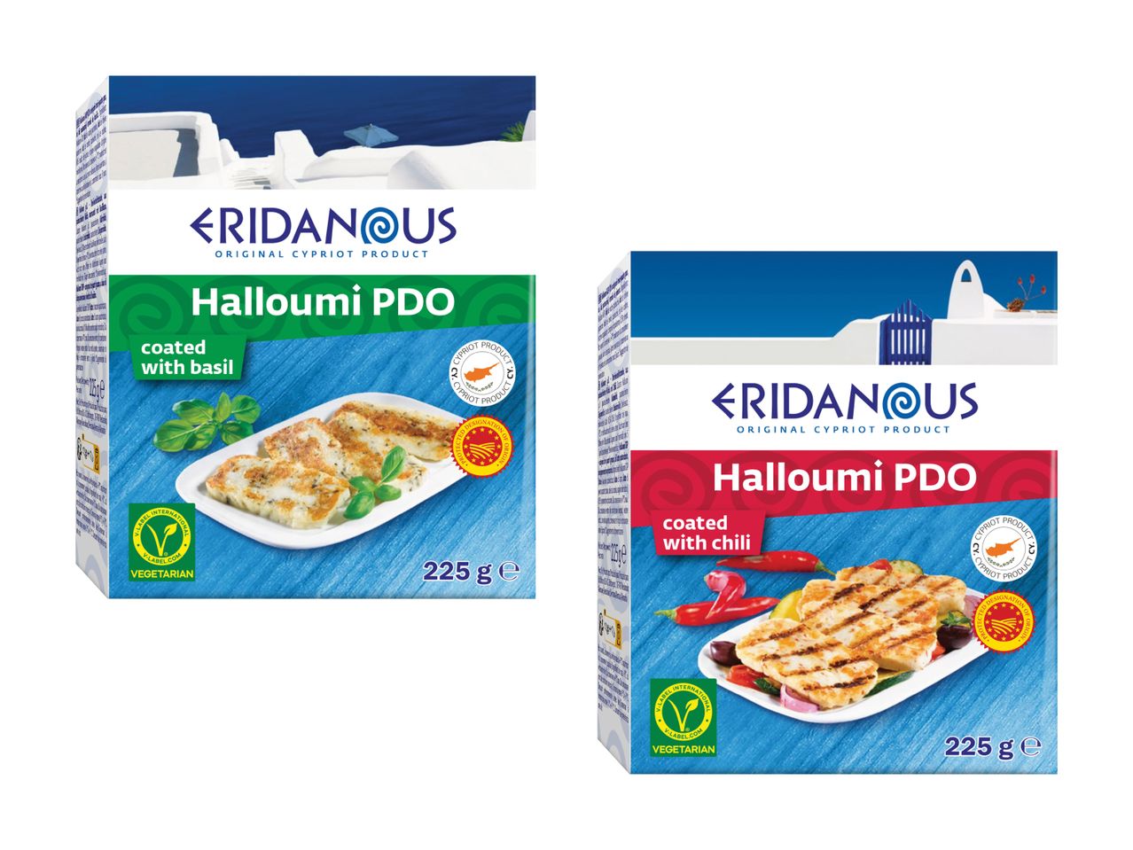 Zwei Packungen Eridanous Halloumi PDO, eine mit Basilikum, die andere mit Chili.