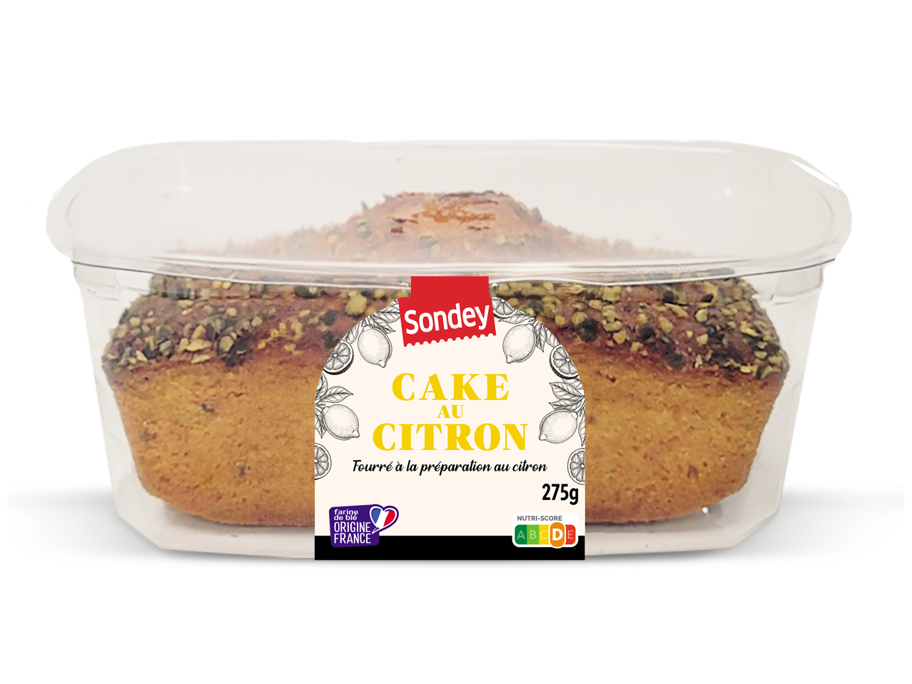 Gâteau au citron de 275g avec Nutri-Score C, farine de blé d'origine France.